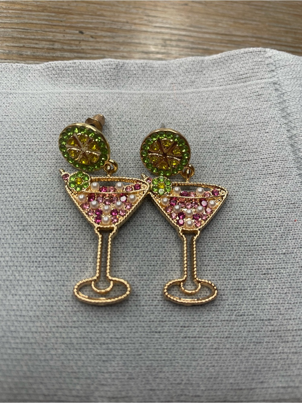 Gold Cocktail Glass Drop Earrings with Pink and Green Stones